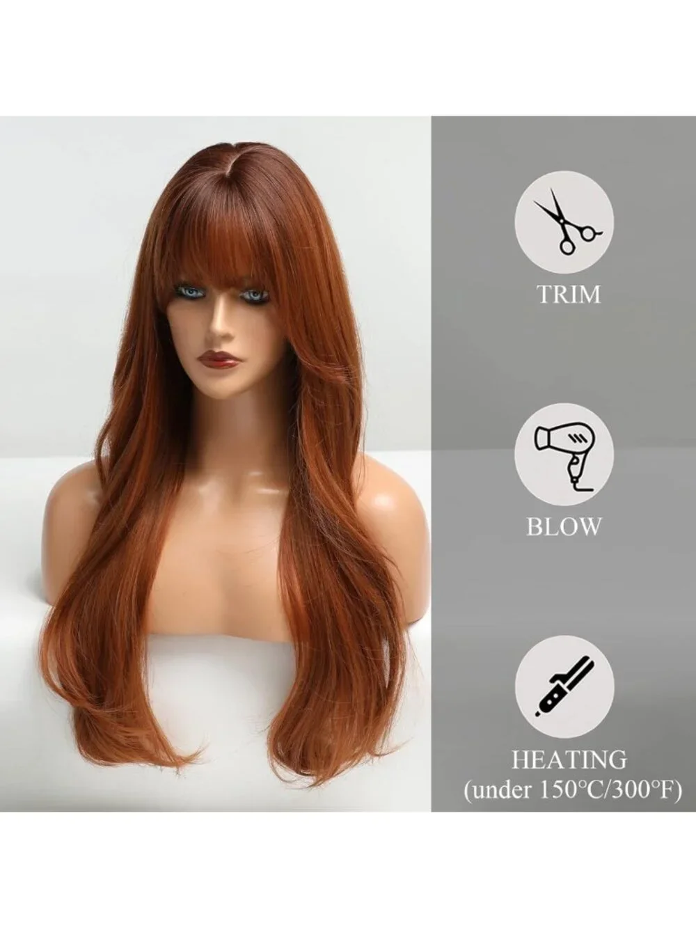 Long Auburn Curly Wig with Bangs - Layered Orange Synthetic Hair for Daily Wear